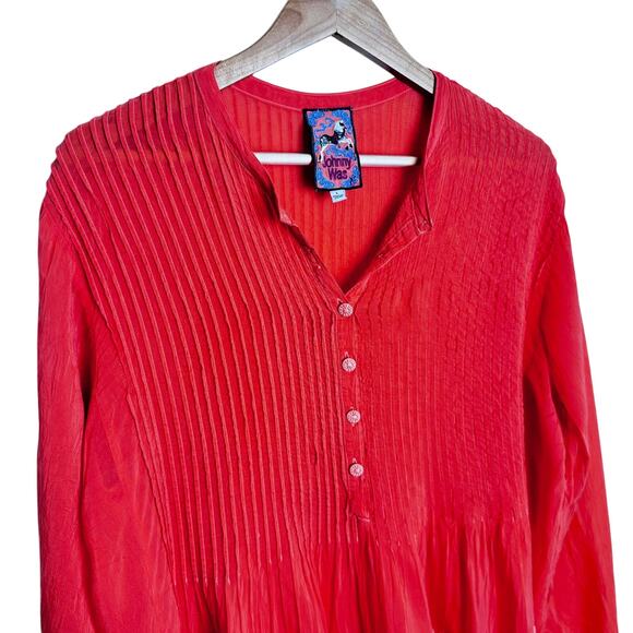 Johnny Was Peplum Top Womens L Red Embroidered Floral Scalloped Boho Cottagecore - Picture 5 of 13